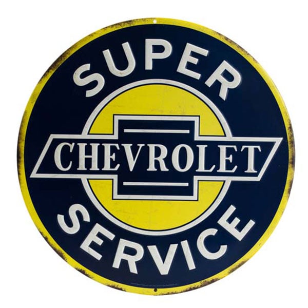 Chevrolet Round Yellow Blue White Embossed Tin Sign 12