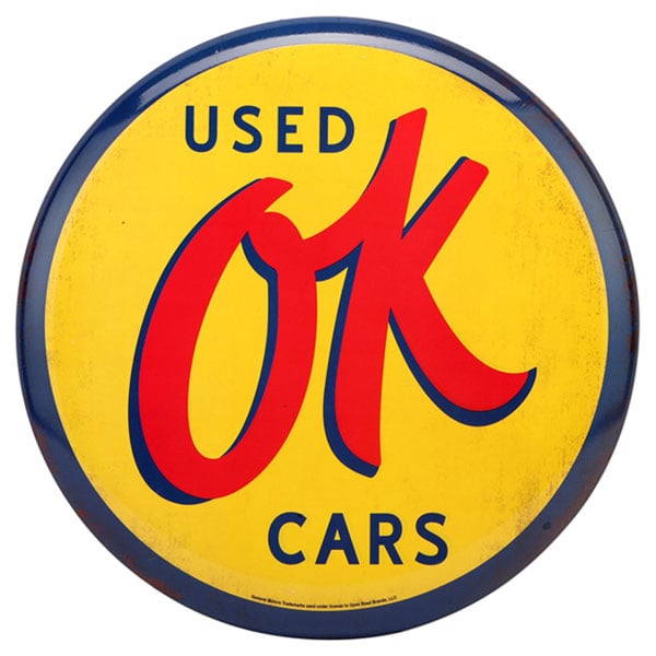 Used OK Cars High-Gloss Tin Button Sign 12