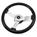 1966 Chevrolet Corvette AFTERMARKET STEERING WHEEL (DARK BLACK WOOD WHEEL WITH BRUSHED SILVER SPOKES, 14'' OUTSIDE DIAMETER) - INCLUDES: BRUSHED SILVER CHEVY BOWTIE CENTER CAP, FLAT TOP SMALL DIAMETER HUB W/ NOTCH, HORN CONTACT - SOLD AS KIT | ST1012C