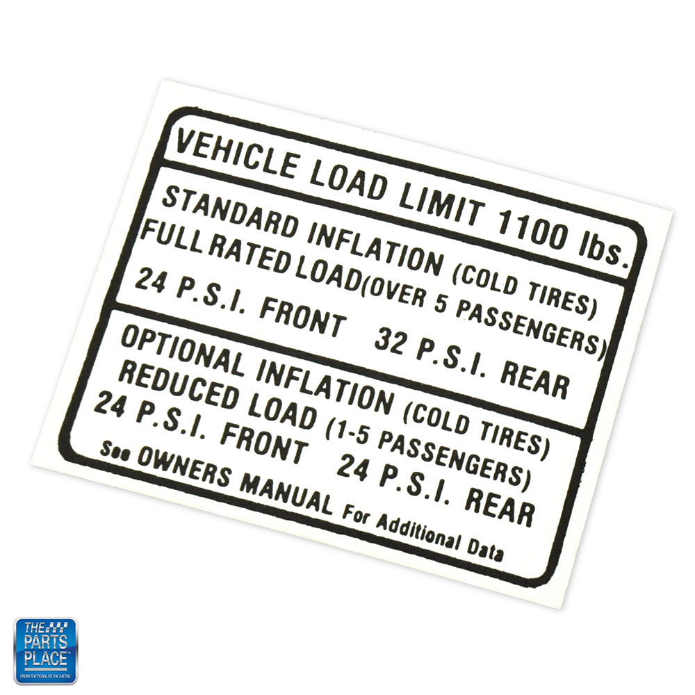Tire pressure specifications decal for 1967 GTO LeMans.