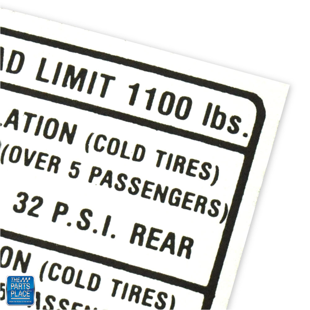 Tire pressure specifications decal for 1967 GTO LeMans.