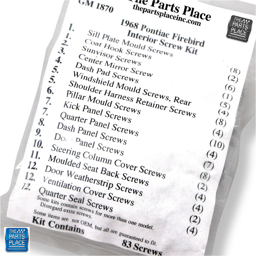 Interior Screw Hardware Kit 83 Screws GM 1870 for 1968 Firebird