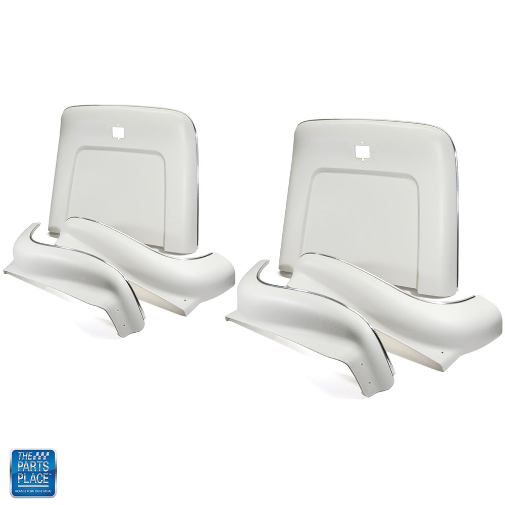 White bucket seat back and aprons molded plastic and chrome for 1969-1972 GM cars.