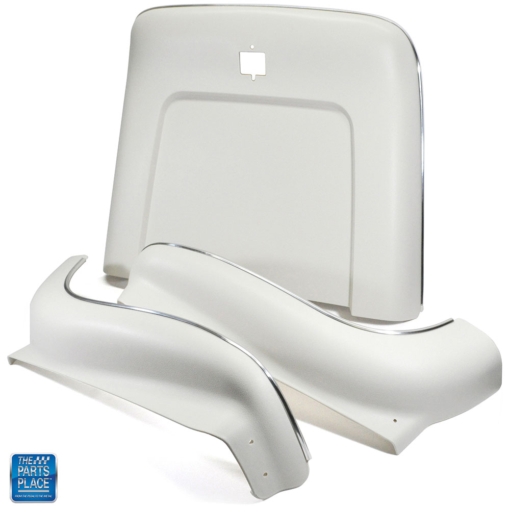 White bucket seat back and aprons molded plastic and chrome for 1969-1972 GM cars.