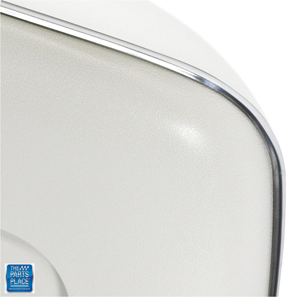 White bucket seat back and aprons molded plastic and chrome for 1969-1972 GM cars.