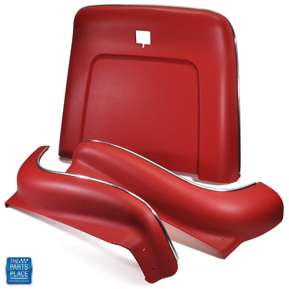 Red bucket seat back and aprons molded plastic and chrome for 1969-1972 GM cars.