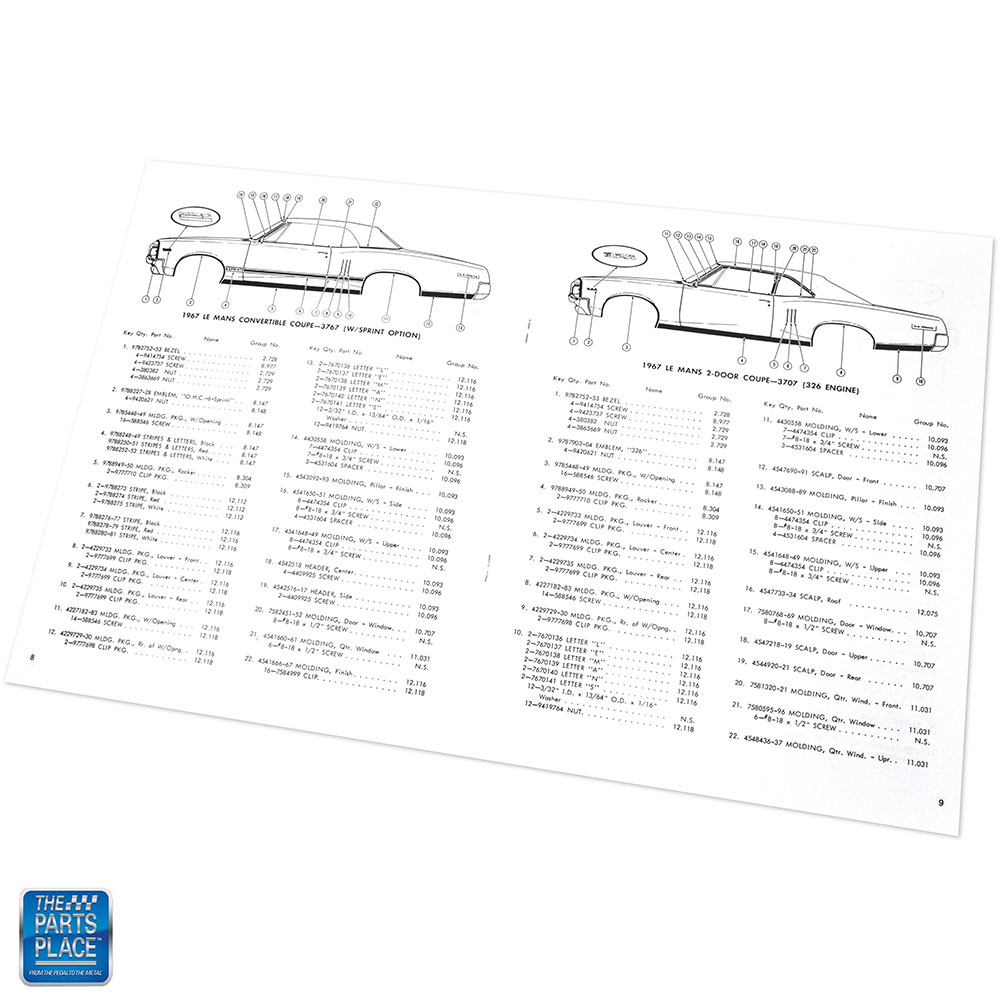 プレストマンページ 1967 GTO LeMans Tempest Moulding & Clip Manual Brochure Each