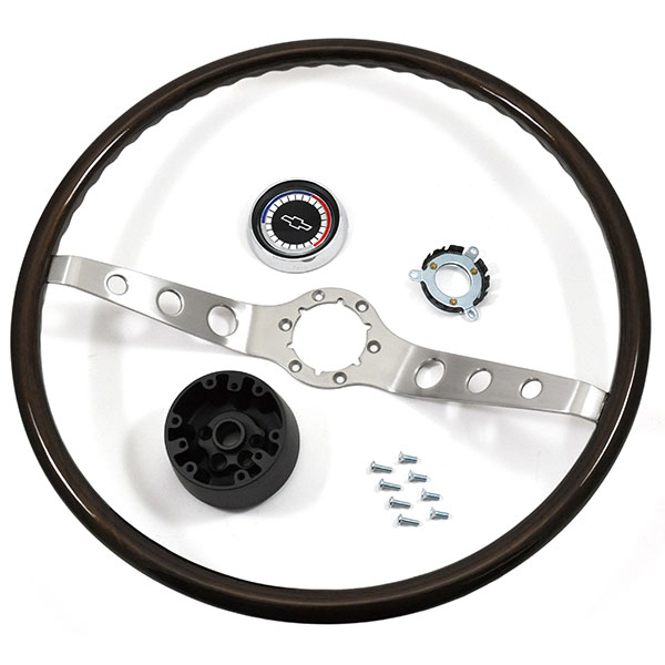 1965 Chevrolet El Camino WALNUT WOOD STYLE 2-SPOKE STEERING WHEEL KIT (THIS IS AN AUTHENTIC WOOD WHEEL REPLICA WITH 2 BRUSHED SPOKES. KIT INCLUDES STEERING WHEEL, HORN CAP, HORN CONTACT, HUB AND HARDWARE) | ST3799C