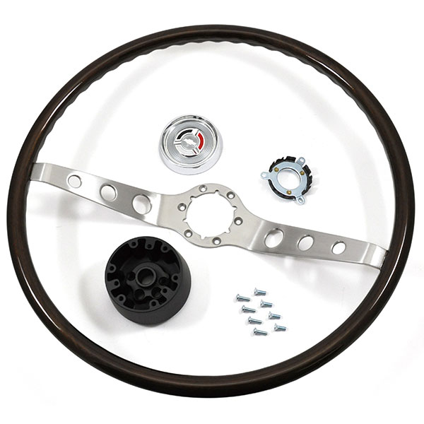 1964 Chevrolet El Camino WALNUT WOOD STYLE 2-SPOKE STEERING WHEEL KIT (THIS IS AN AUTHENTIC WOOD WHEEL REPLICA WITH 2 BRUSHED SPOKES. KIT INCLUDES STEERING WHEEL, HORN CAP, HORN CONTACT, HUB AND HARDWARE) | ST3798C