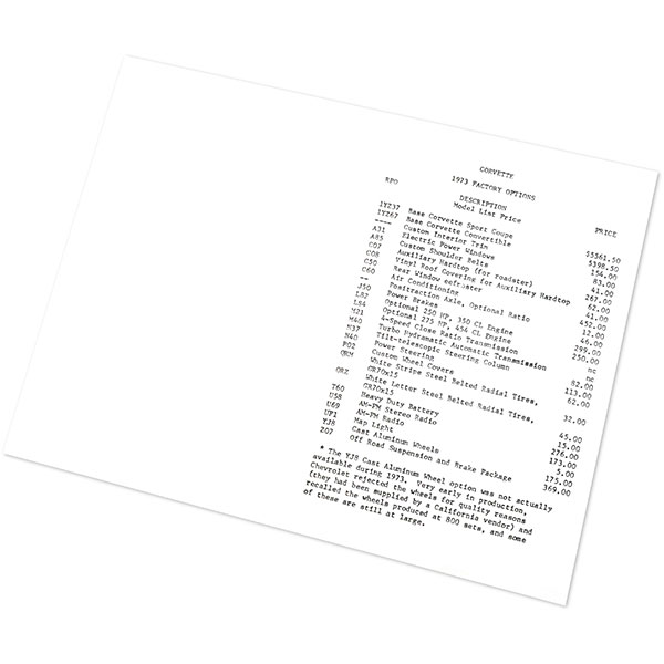 1973 Chevrolet Corvette ACCESSORY PRICE LIST | DC0486