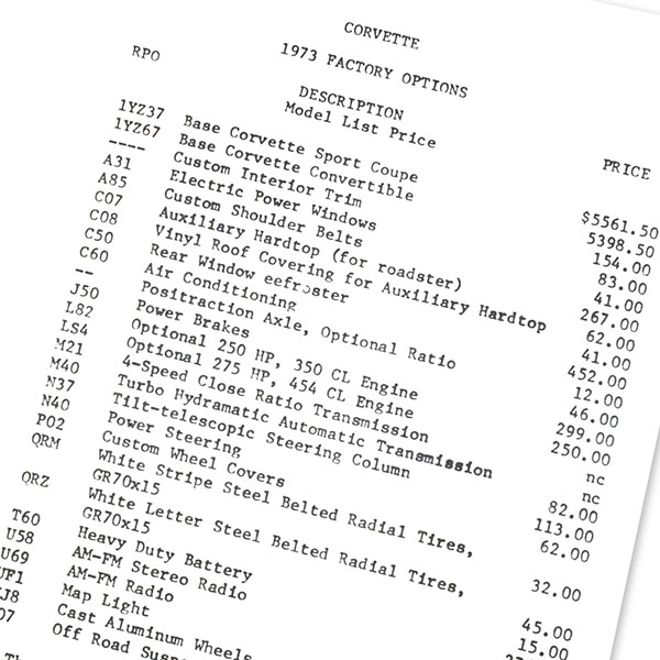 1973 Chevrolet Corvette ACCESSORY PRICE LIST | DC0486