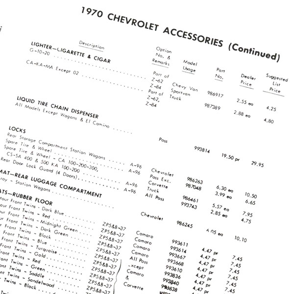 1970 Chevrolet Nova/Chevy II NEW VEHICLE CUSTOM ACCESSORY PRICE LIST - 13 PAGE BROCHURE | DC0510
