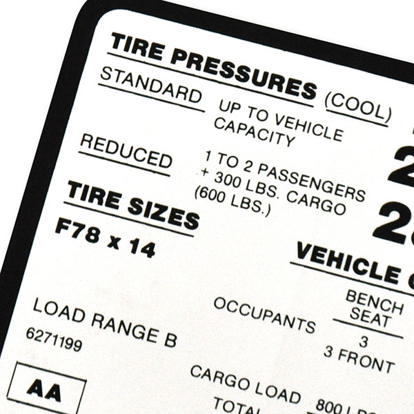 1972 Chevrolet El Camino TIRE PRESSURE DECAL F78X14 AA 6271199 EA | DC0620
