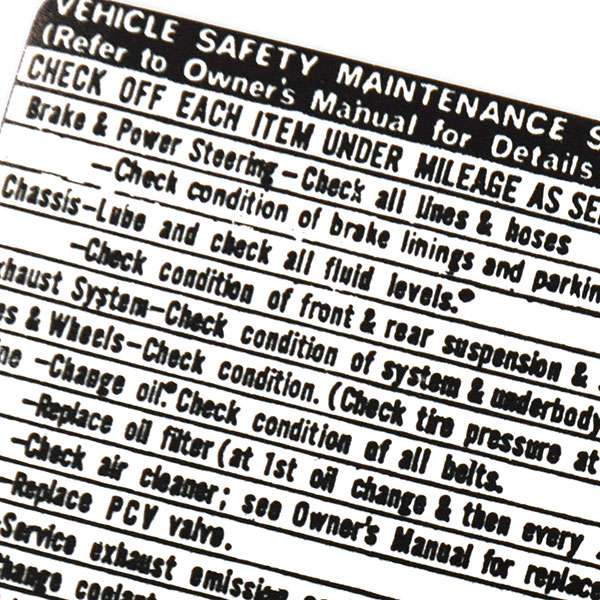 1971 Pontiac Grand Prix 69-UP VEHICLE SAFETY MAINTENANCE SCHEDULE DECAL GM 484347 EACH | DT0204