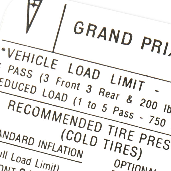 1971 Pontiac Grand Prix 69-UP TIRE PRESSURE DECAL KR EACH | DT0203