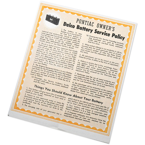 1938 Pontiac Full Size PONTIAC OWNERS DELCO BATTERY WARRANTY AND ADJUSTMENT SERVICE POLICY EA | DT0270