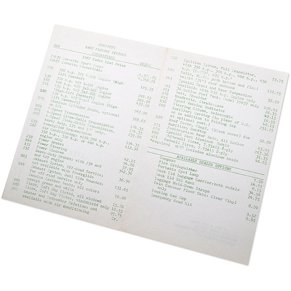 1967 Chevrolet Corvette CORVETTE ACCESSORY PRICE LIST EACH | DC0194