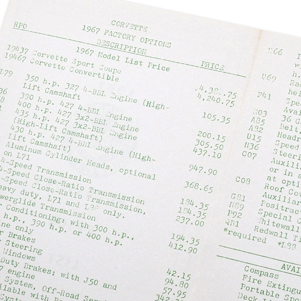 1967 Chevrolet Corvette CORVETTE ACCESSORY PRICE LIST EACH | DC0194