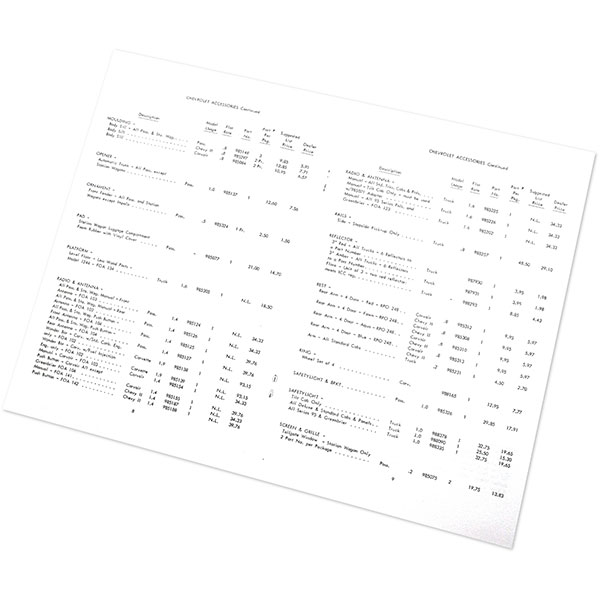 1962 Chevrolet Impala/Caprice/Bel Air CUSTOM FEATURES ACCESSORY PRICE LIST P&A 32 EACH | DC0172