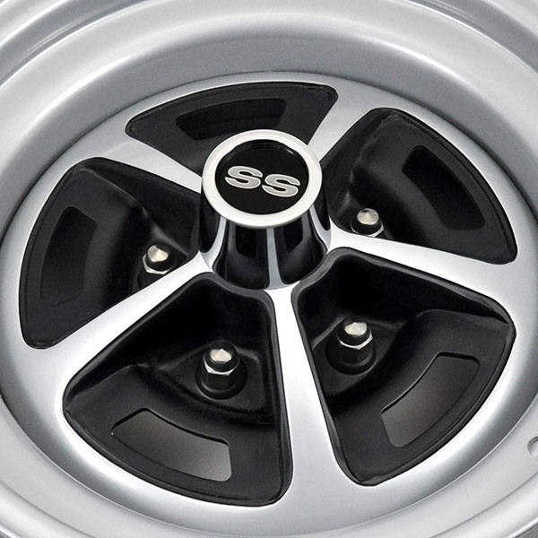 1969 Chevrolet Nova/Chevy II 14-7 SILVER & BLACK PAINTED SS WHEEL SET INCLUDES WHEELS CAPS RETAINERS LUGS AND TRIM RINGS | WT8477Z