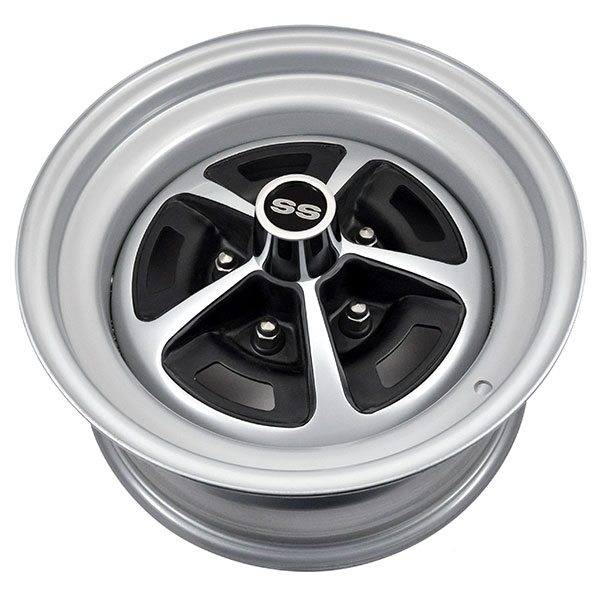 1970 Chevrolet Chevelle/Malibu 15-7 SILVER & BLACK PAINTED SS WHEEL SET INCLUDES WHEELS CAPS RETAINERS LUGS AND TRIM RINGS | WT8478Z