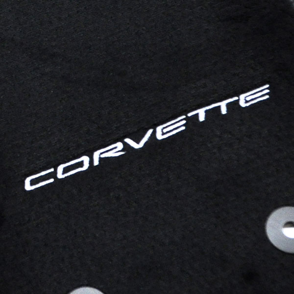 2019 Chevrolet Corvette FLOOR MATS PLUSH STYLE CARPET BLACK WITH EMBROIDERED CORVETTE LOGO â€“ 2PC SET | IN4499O