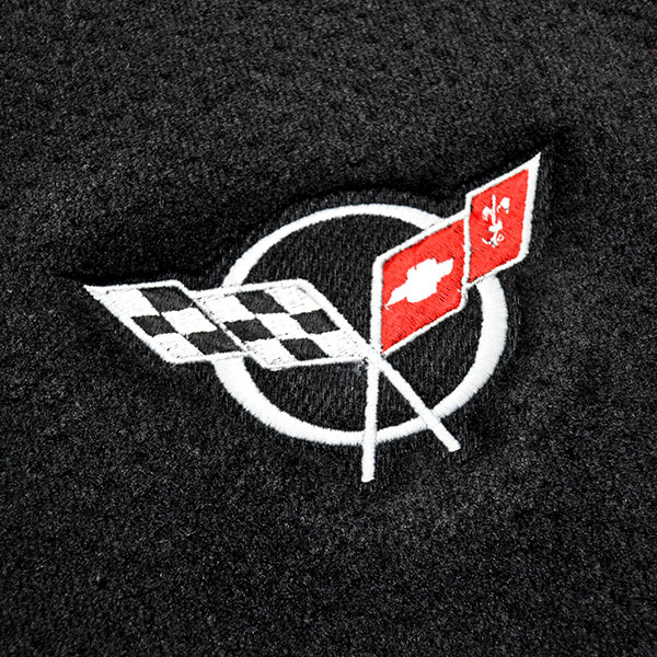 1982 Chevrolet Corvette FLOOR MATS PLUSH STYLE CARPET BLACK WITH EMBROIDERED CORVETTE LOGO â€“ 2PC SET | IN1131O