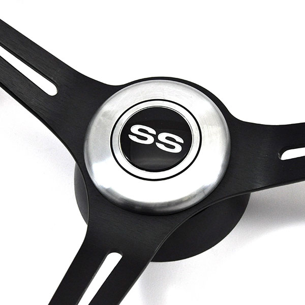 1965 Chevrolet Corvette AFTERMARKET STEERING WHEEL (WOOD WHEEL WITH BLACK ANODIZED SPOKES, 14'' OUTSIDE DIAMETER) - INCLUDES BRUSHED SILVER CHEVY 