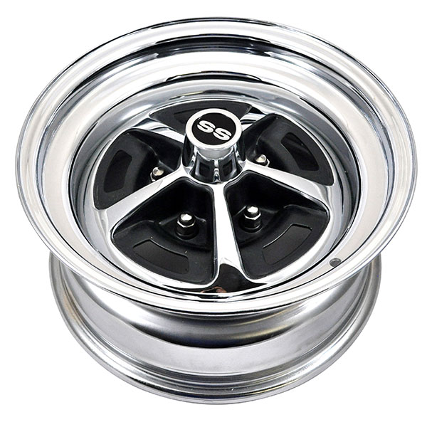 1970 Chevrolet Nova/Chevy II 15-7 (2) / 15-8 (2) CHROME PLATED SS 396 STYLE WHEEL SET WITH BLACK PAINTED INSERTS. (INCLUDES: 2 15-7 WHEELS, 2 15-8 WHEELS, 4 CAPS WITH SS INSERTS, 4 RETAINERS & 20 LUG NUT SET FOR SS) | WT8485Z
