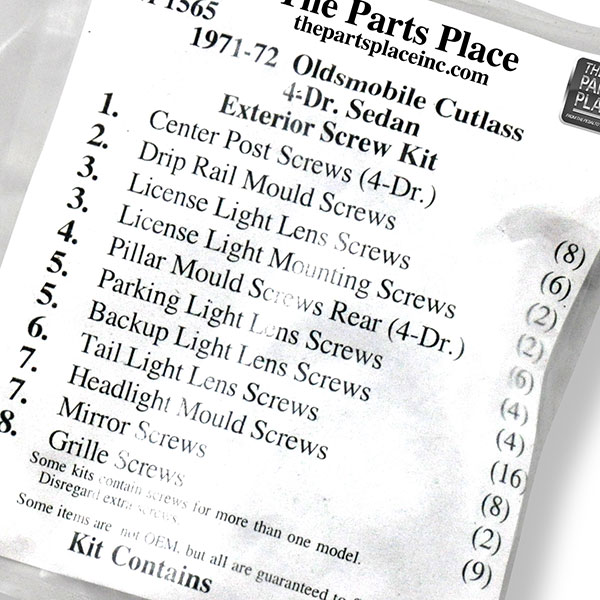 1971 Oldsmobile Cutlass/442/F85 EXTERIOR SCREW KIT FOR 4 DOOR SEDAN (1565) | GM1565