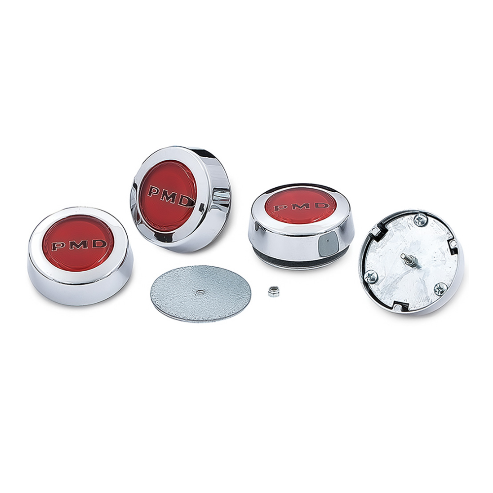 1970 Pontiac Grand Prix 69-UP RED PMD CENTER CAPS (RED BACKGROUND WITH BLACK WRITING) BOLT ON REPRODUCTION - SET OF 4 | WT7015Z