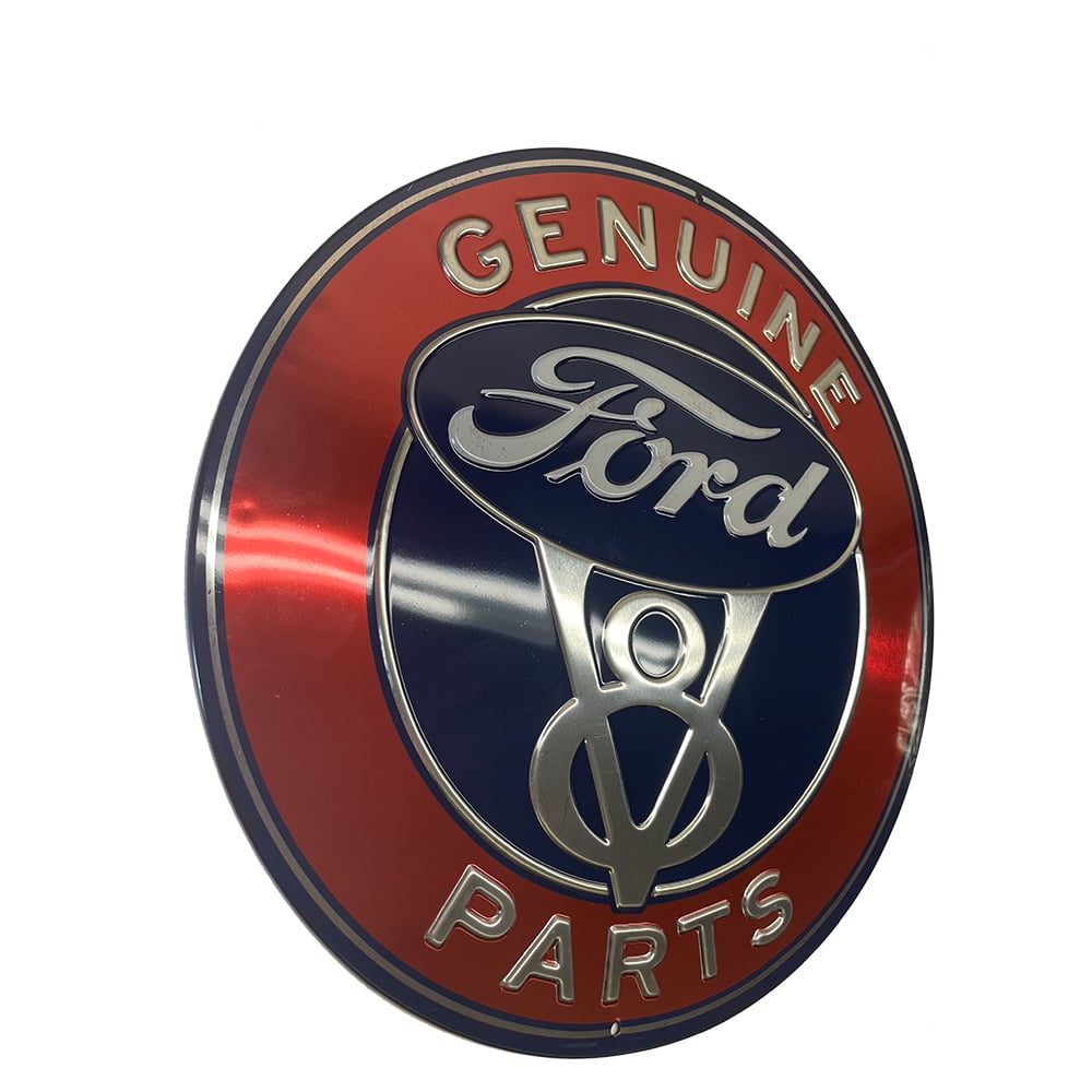 Genuine Ford v8 parts round blue red white embossed tin sign. Diameter: 12