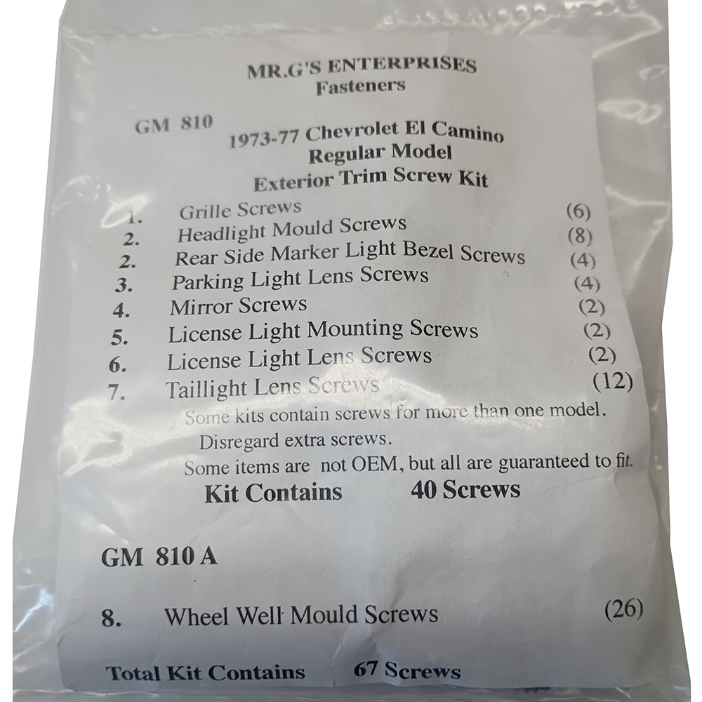 1977 Chevrolet El Camino EXTERIOR SCREW KIT WITH WHEEL WELL SCREWS (810A) | GM810A