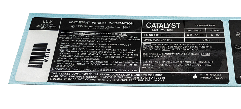 1991 GM Truck (GMC SONOMA / SYCLONE) EMISSION HOSE ROUTING DECAL LLW - EA | 10165222