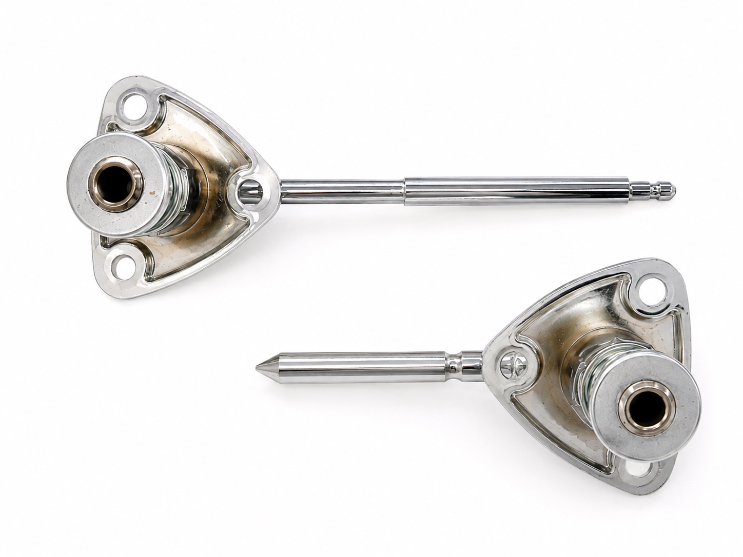 1981 Oldsmobile Cutlass/442/F85 SUNVISOR BRACKETS FOR T-TOP; (CHROME); LONG ILLUMINATED DRIVER SIDE PIN, AND SHORT NON-ILLUMINATED PASSENGER SIDE PIN VERSION - PAIR | IN10255Z
