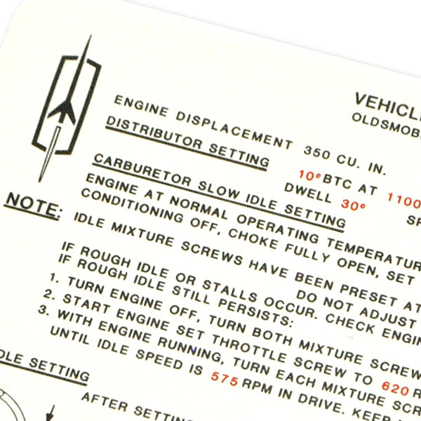 1970 Oldsmobile Cutlass/442/F85  350-2V AT A B BODY EMISSION DECAL OO (D00199) | DC1962T