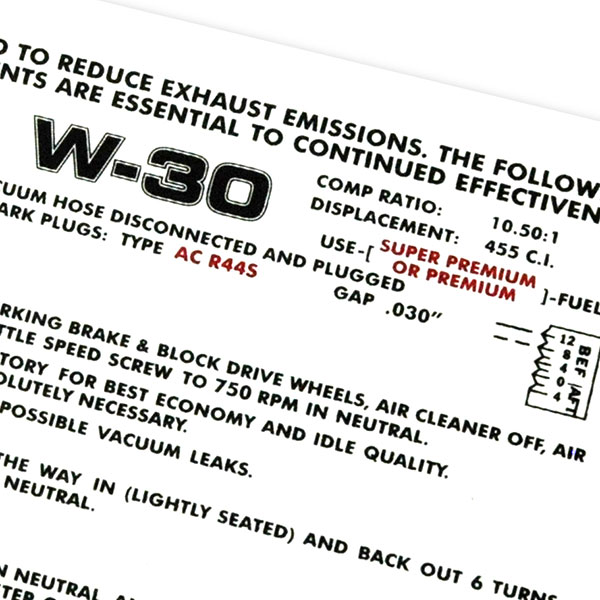 1970 Oldsmobile Cutlass/442/F85  455-4V MT W-30 EMISSION DECAL OP (D00195) | DC1978T