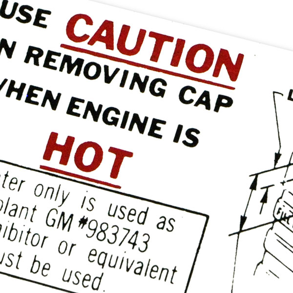 1965 Oldsmobile Cutlass/442/F85  COOLING SYSTEM CAUTIOND ECAL  (D00190) | DC2072T