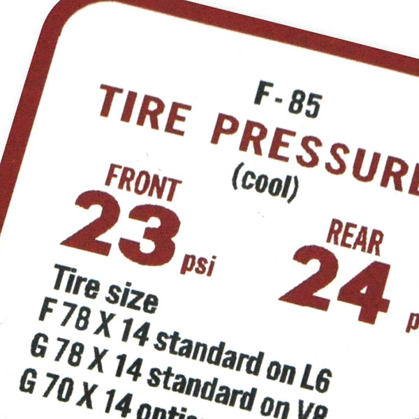 1969 Oldsmobile Cutlass/442/F85  A BODY F85 TIRE PRESSURE DECAL  (D00084) | DC2167T