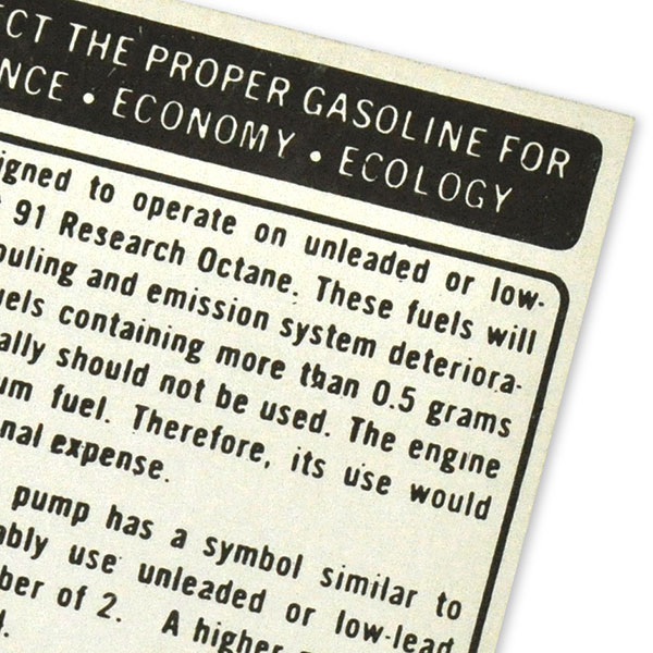 1973 Oldsmobile Cutlass/442/F85  (ALL) FUEL RECOMMENDATION DECAL (D00012) | DO0012