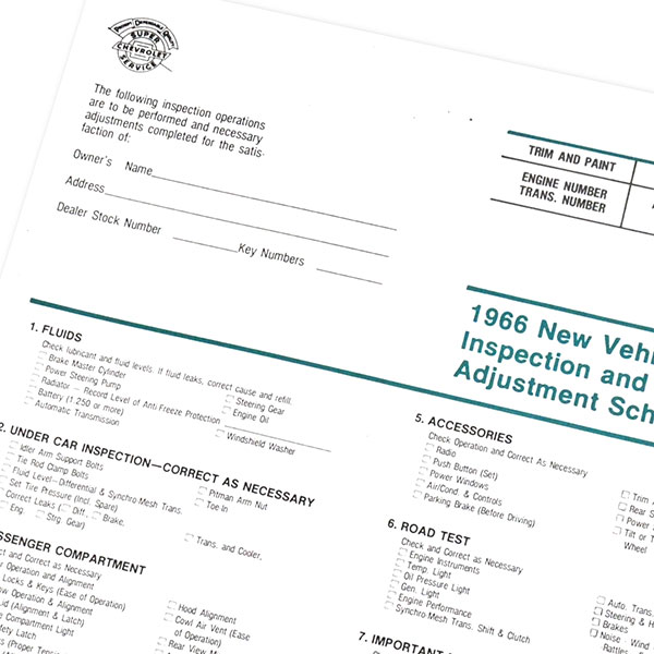 1966 Chevrolet Nova/Chevy II NEW VEHICLE PRE-DELIVERY INSPECTION SHEET EA | DC0720