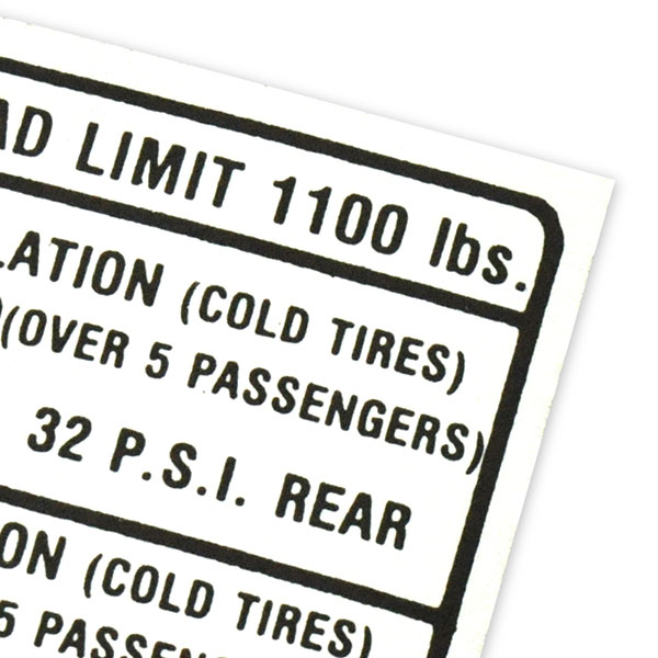 1967 Pontiac GTO/LeMans/Tempest TIRE PRESSURE DECAL ALL (DT0019) | DC1904G