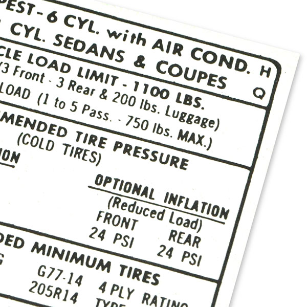 1968 Pontiac GTO/LeMans/Tempest TIRE PRESSURE DECAL GTO/LEMANS   (DT0022) | DC1905G
