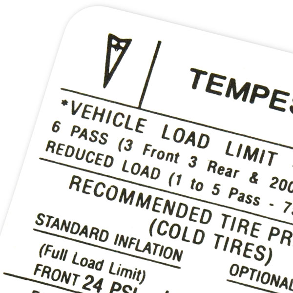1970 Pontiac GTO/LeMans/Tempest TIRE PRESSURE DECAL GTO/LEMANS  (DT0149) | DC1906G