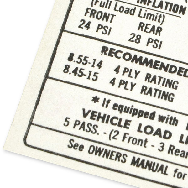 1968 Pontiac Firebird/TransAm TIRE PRESSURE DECAL PONTIAC  (DT0021) | DC1871F