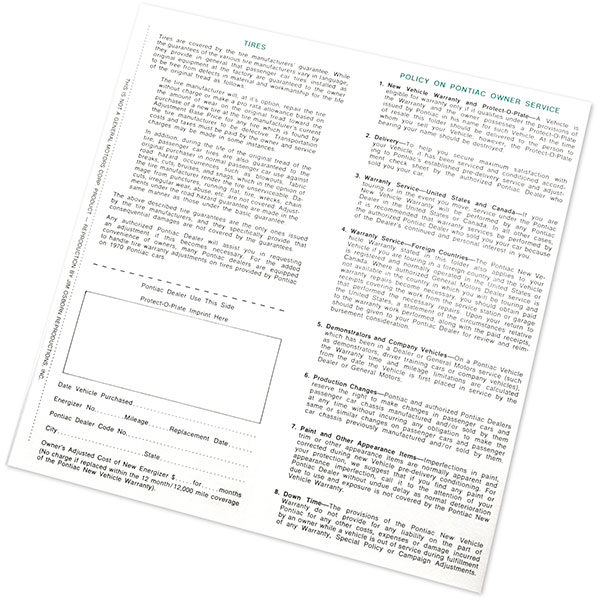 1970 Pontiac Firebird/TransAm NEW VEHICLE WARRANTY/OWNERS PROTECTION PLAN FOLDER 479588 EACH | DT0426