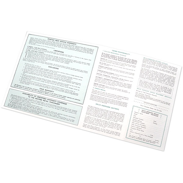 1970 Pontiac Firebird/TransAm NEW VEHICLE WARRANTY/OWNERS PROTECTION PLAN FOLDER 479588 EACH | DT0426