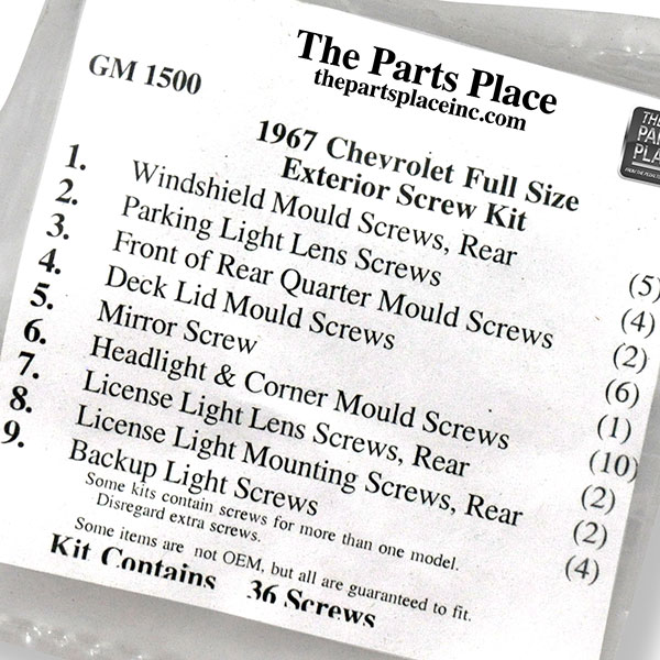 1967 Chevrolet Impala/Caprice/Bel Air EXTERIOR SCREW KIT FOR CHEVROLET FULL SIZE (GM1500) | GM1500