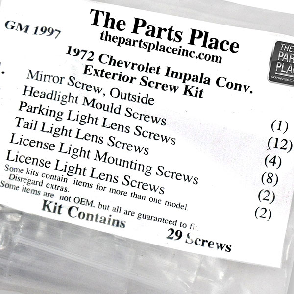 1975 Chevrolet Impala/Caprice/Bel Air EXTERIOR SCREW KIT FOR CONVERTIBLE w/o WHEEL WELL MOLDING SCREWS (1997) | GM1997