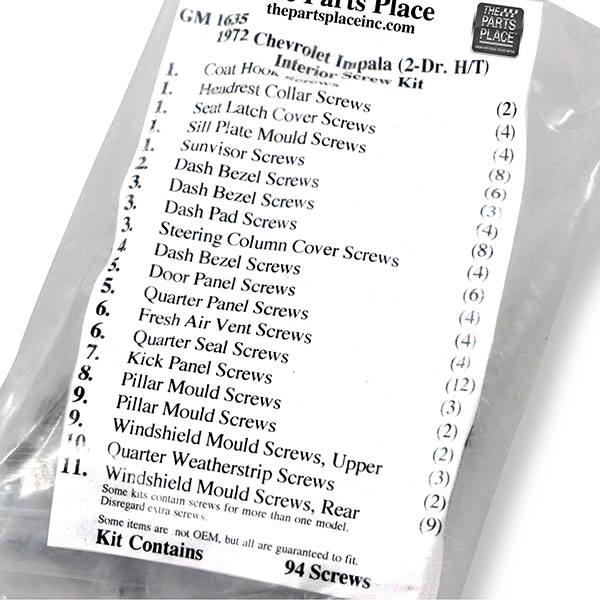 1974 Chevrolet Impala/Caprice/Bel Air INTERIOR SCREW KIT FOR 2 DOOR HARDTOP (1635) | GM1635